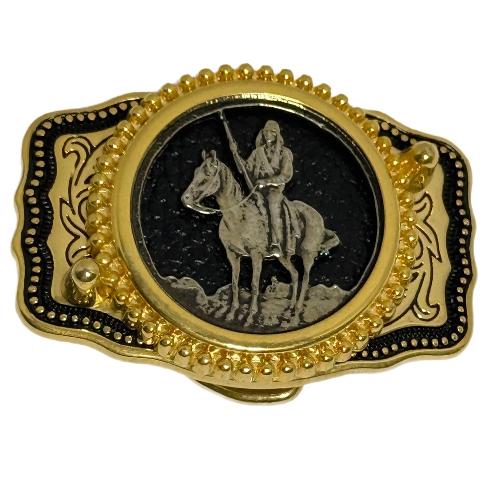 Western‎ Cowboy Native American Horse Rider Belt Buckle Gold Tone Made USA
